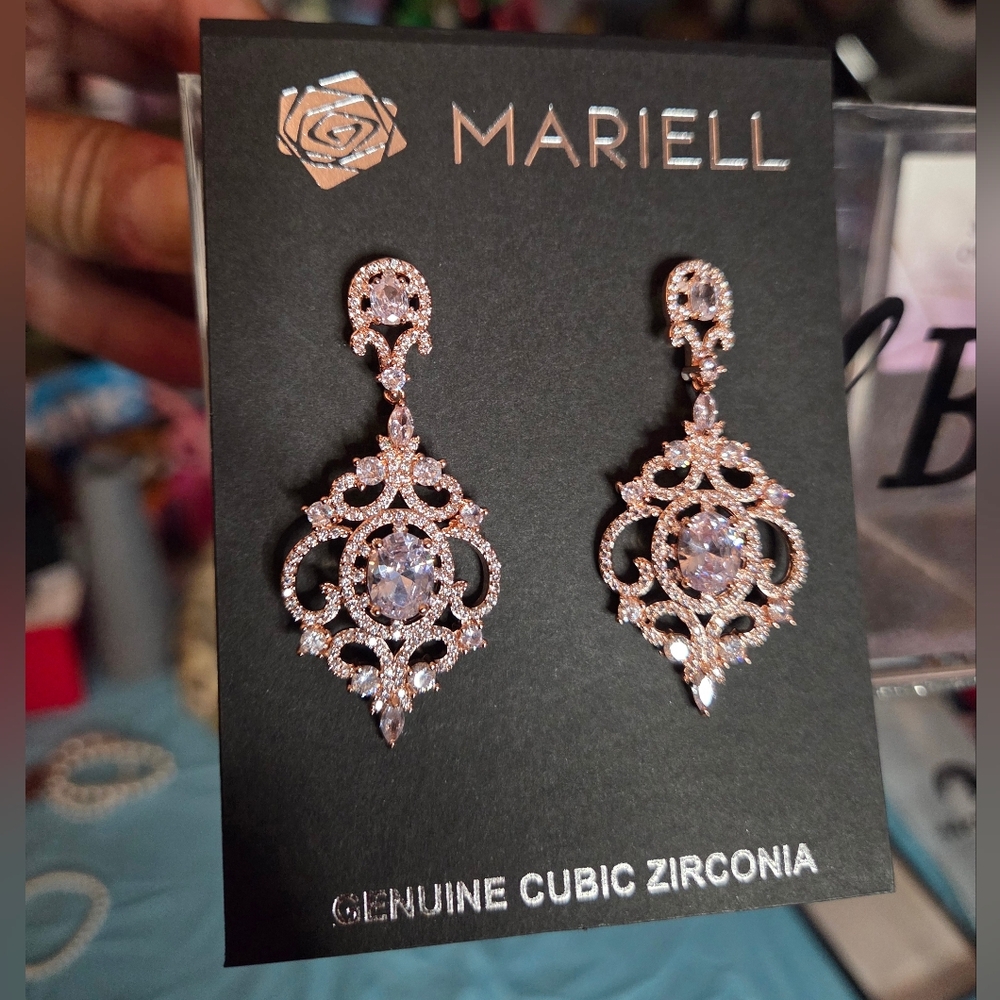 Mariell Rose Gold Cubic Zirconia Filigree Drop Earrings - Pink Stones